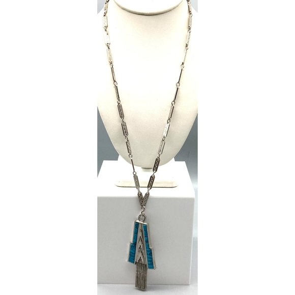 Vintage Whiting and Davis Bar Link Necklace with Southwestern Feel Geometric - Picture 2 of 6